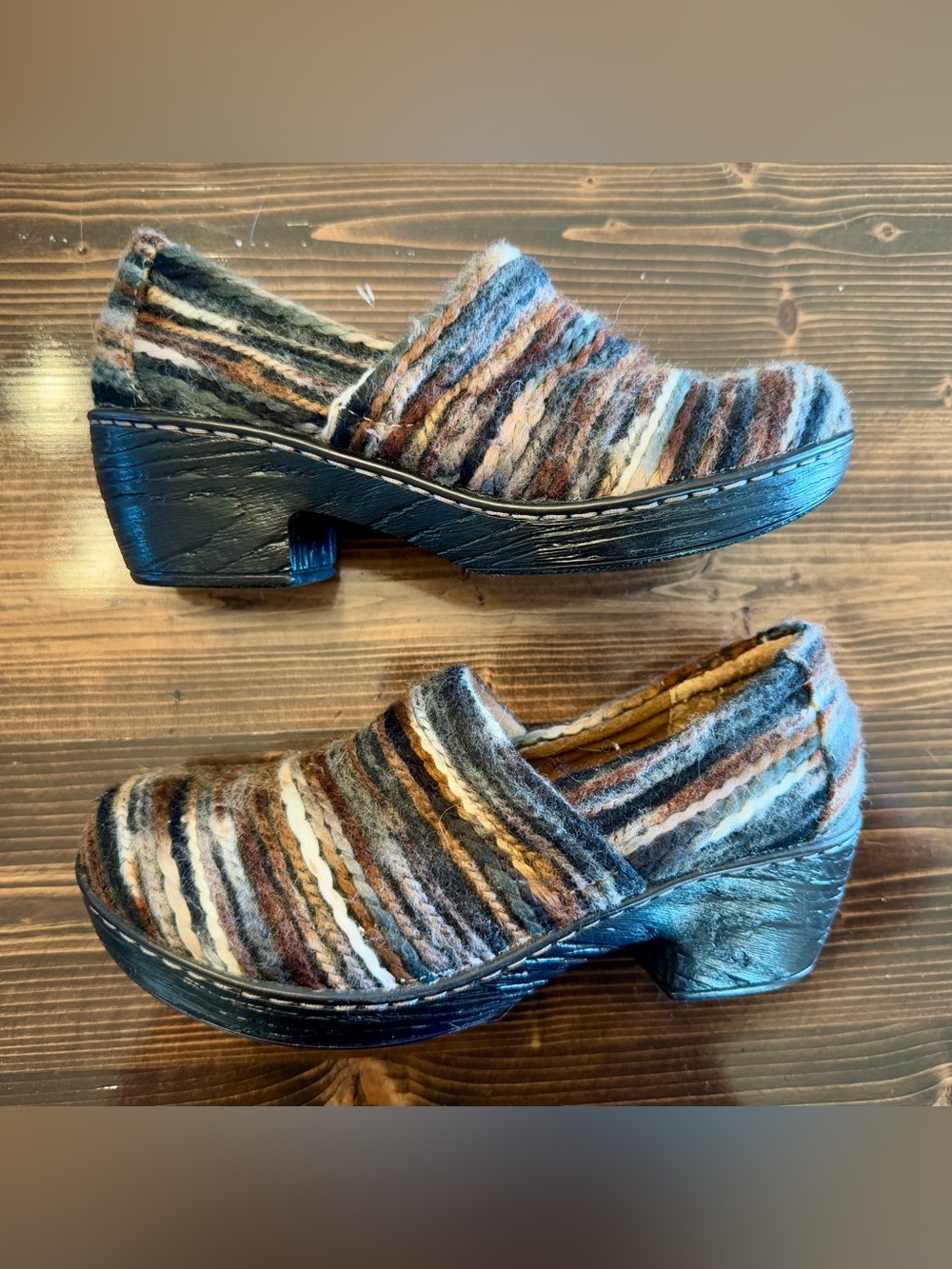 b.o.c. Striped Boho Wool Clogs in Brown, Cream & Gray 7.5